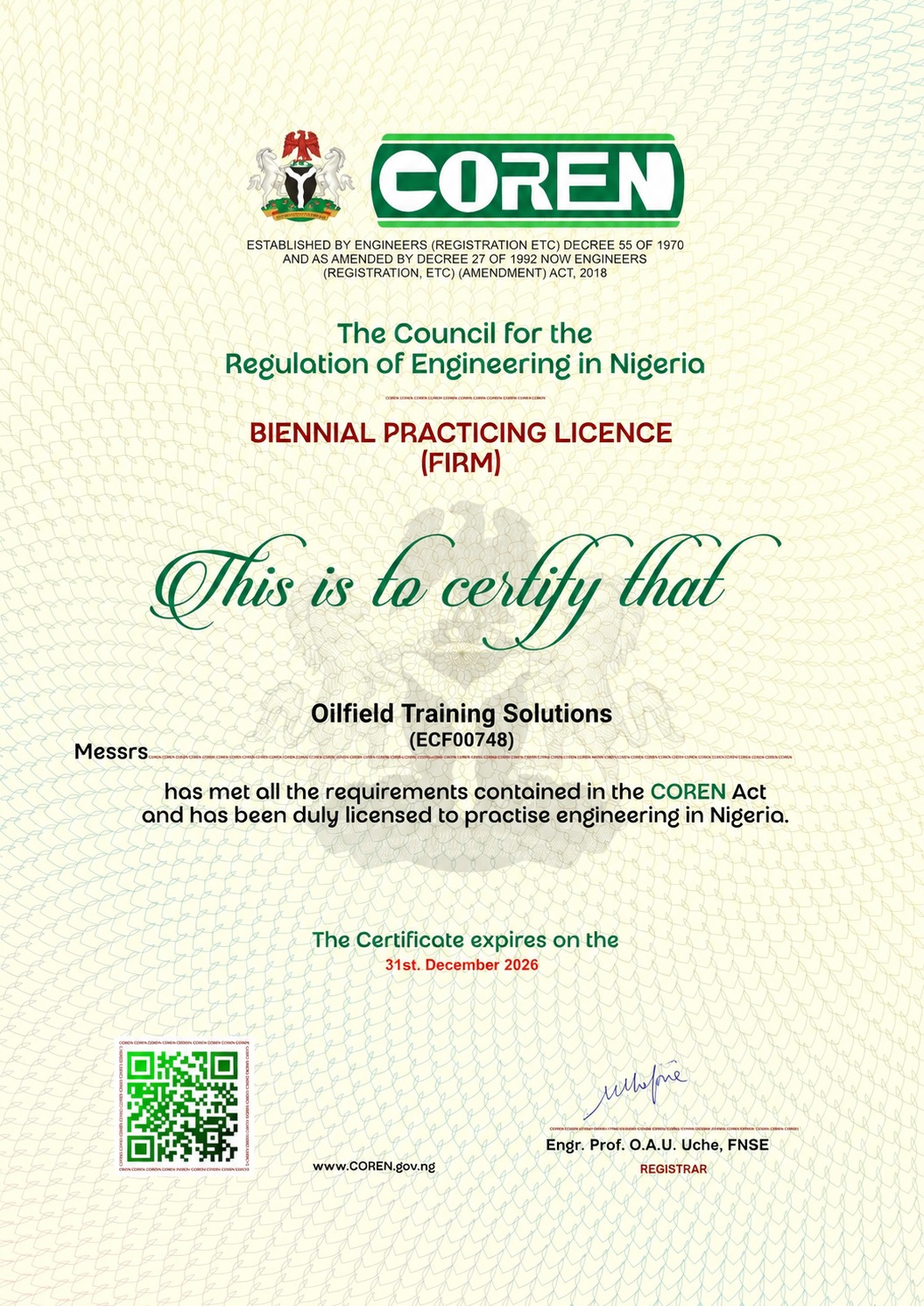 COREN Practicing Licence certificate