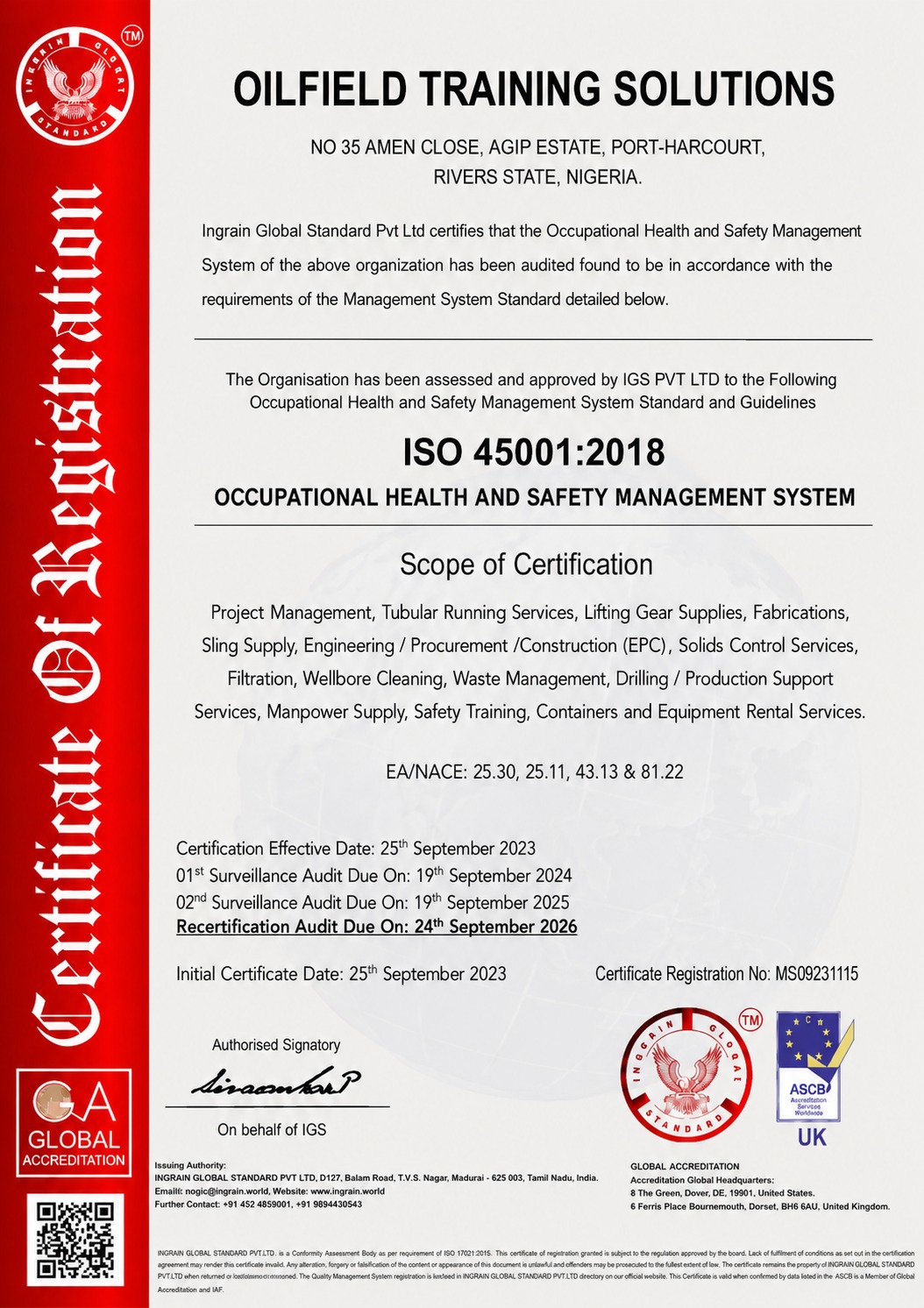 ISO 45001:2018 certificate