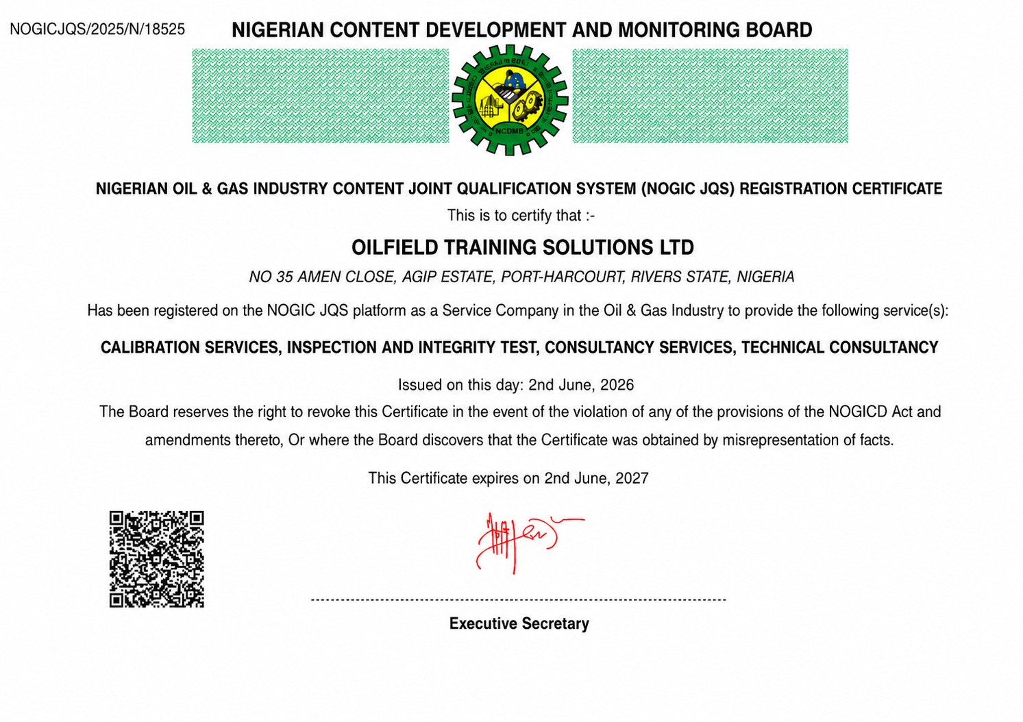 NOGIC JQS Registration certificate